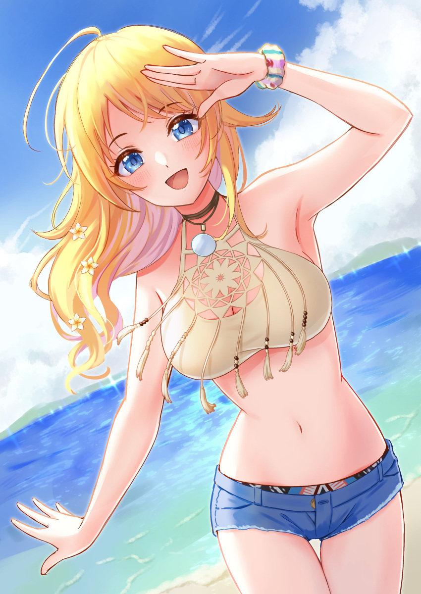 1girl :d absurdres ahoge bikini blonde_hair blue_eyes blue_sky clouds day denim denim_shorts hachimiya_meguru highres hoshina_hoshimi idolmaster idolmaster_shiny_colors long_hair looking_at_viewer open_mouth outdoors scrunchie shorts sky smile solo swimsuit wrist_scrunchie