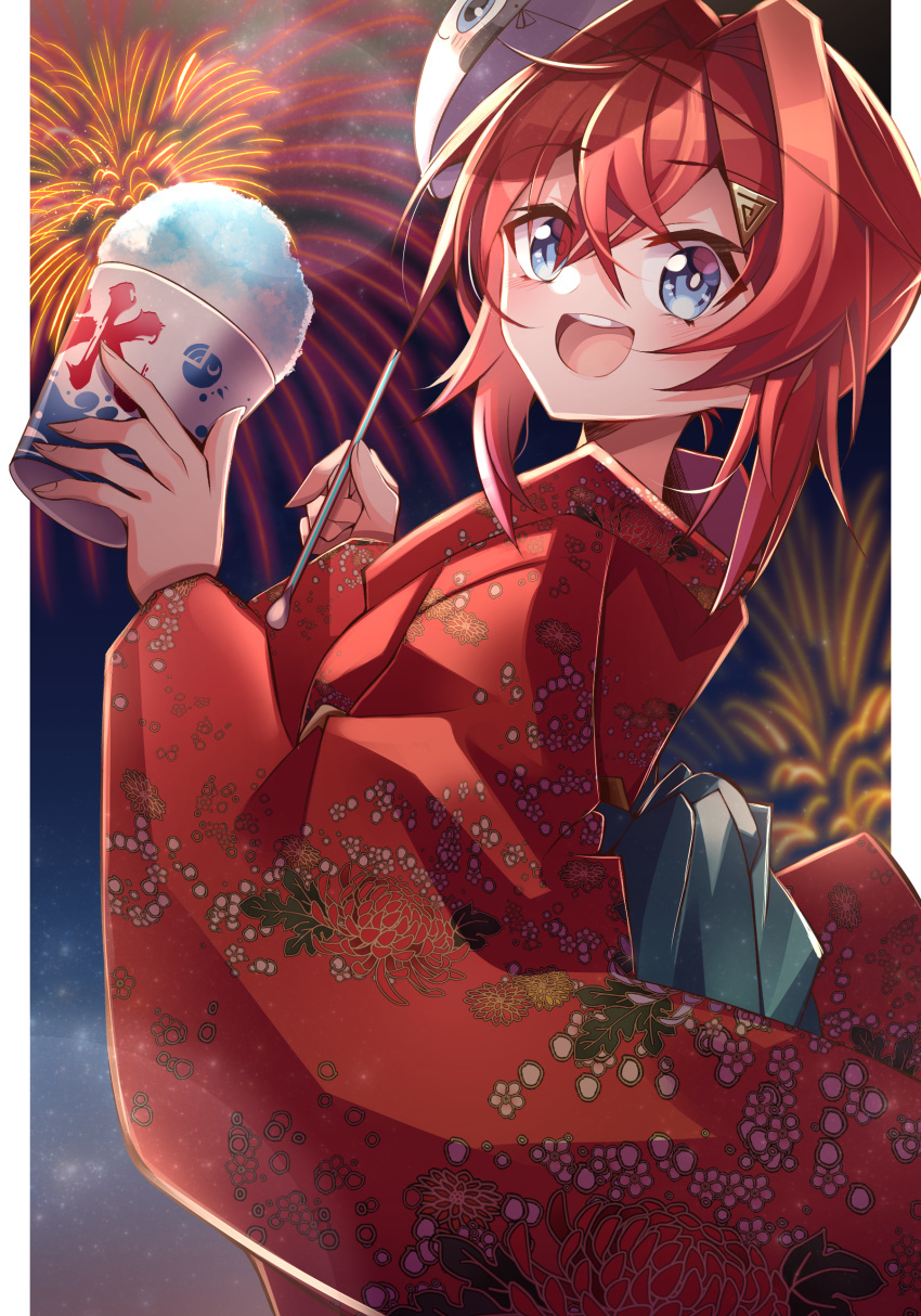 :d absurdres ange_katrina bangs blue_eyes blush cup fireworks from_side hair_between_eyes highres holding holding_cup holding_spoon japanese_clothes kimono nijisanji open_mouth papa-kun_(destiny549-2) red_kimono redhead shaved_ice short_hair smile spoon virtual_youtuber yukata