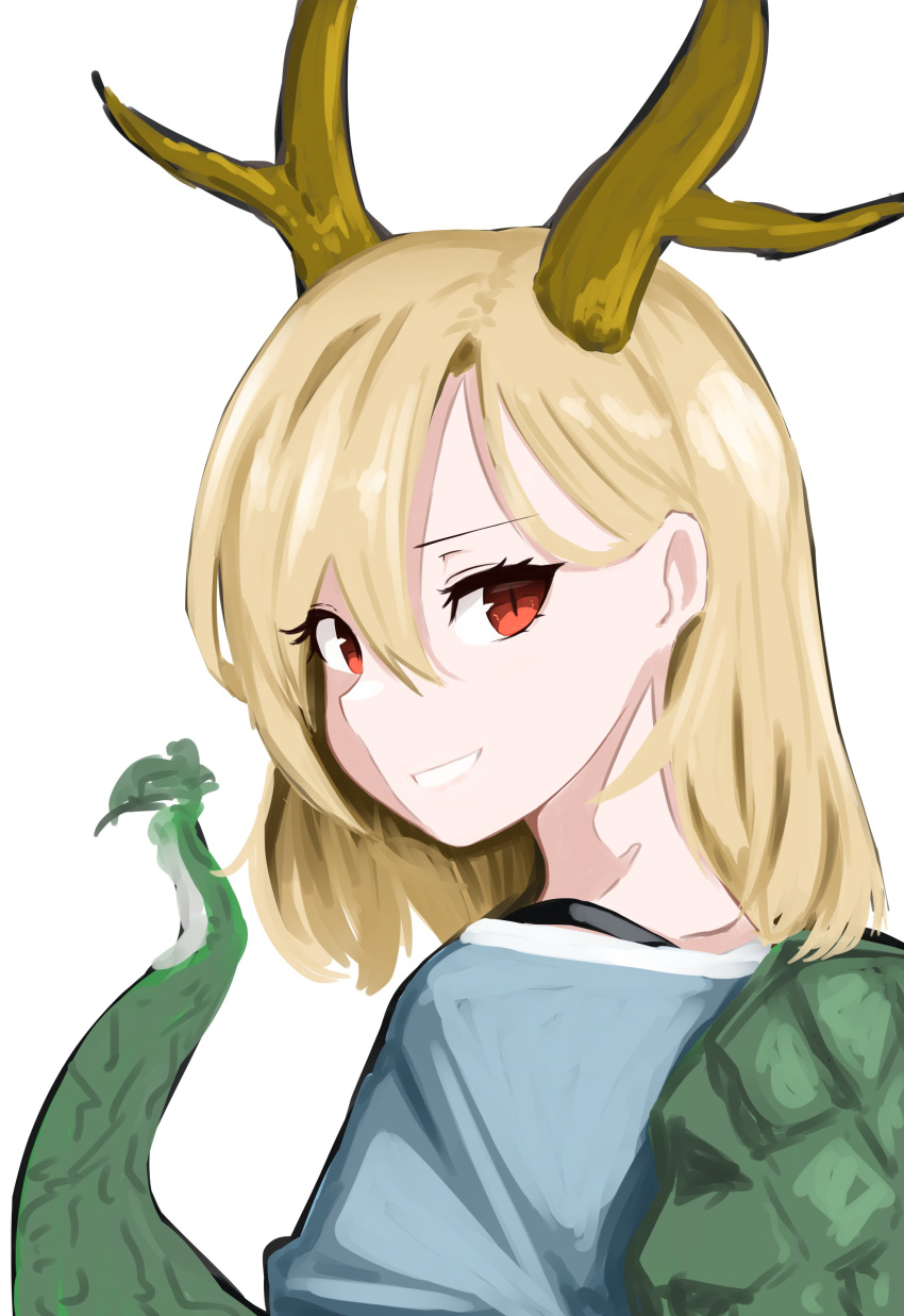 1girl absurdres antlers blonde_hair blue_shirt commentary_request derinhi1123 dragon_horns dragon_tail from_behind grin hair_behind_ear hair_between_eyes highres horns kicchou_yachie looking_at_viewer looking_back medium_hair one-hour_drawing_challenge red_eyes shirt simple_background slit_pupils smile solo strap tail touhou turtle_shell white_background