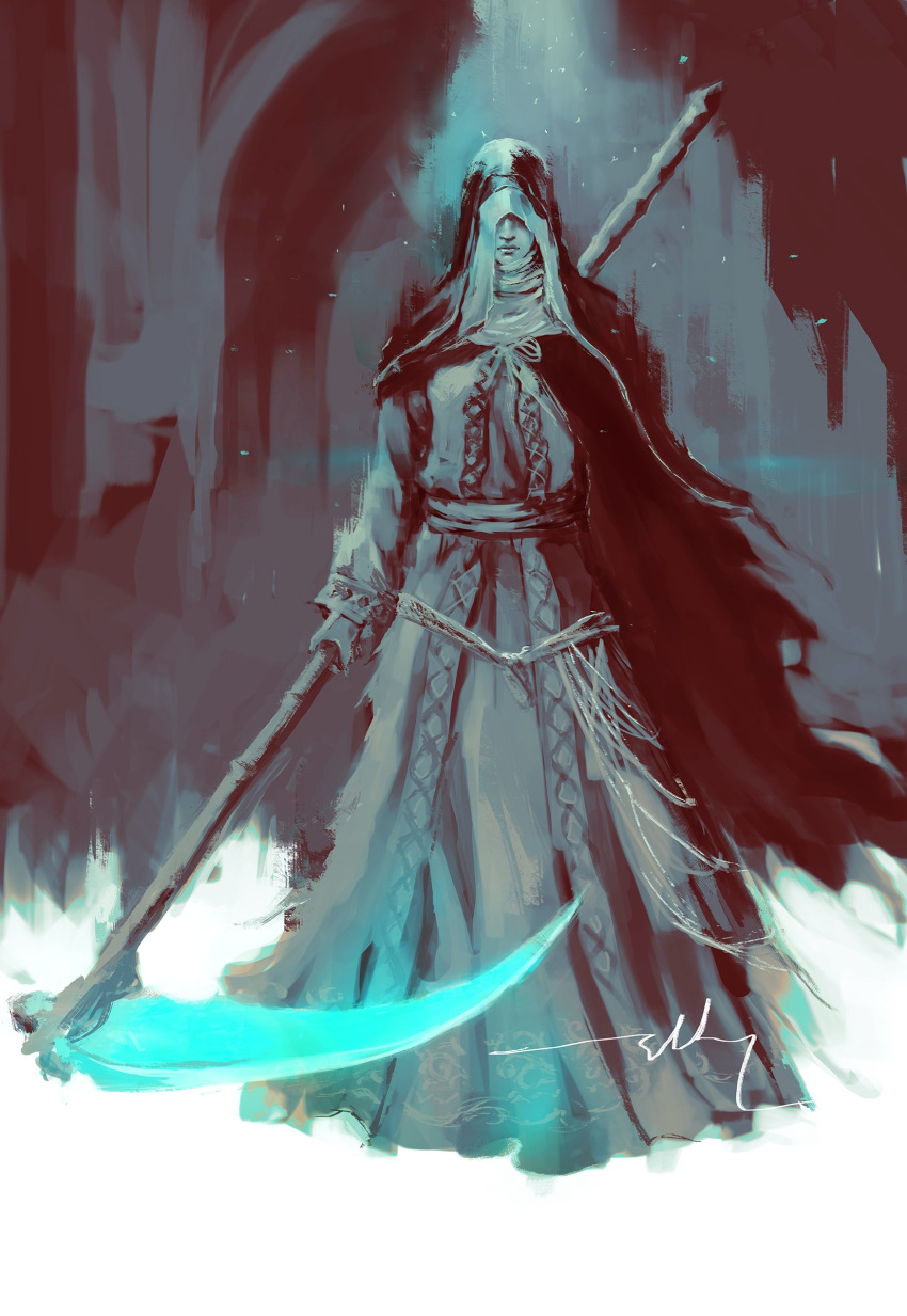 1girl absurdres ashes_of_ariandel cape closed_mouth commentary dark_souls_iii dress english_commentary facing_viewer habit highres holding holding_scythe holding_weapon hood hood_up nun scythe shimhaq sister_friede solo souls_(series) weapon