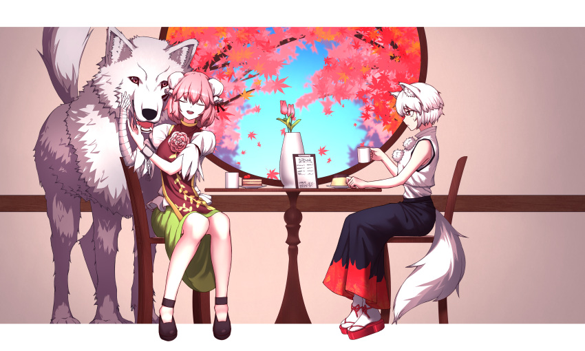 1641_(chfhrtor94) 2girls absurdres animal_ears bandaged_arm bandages bangs black_footwear black_skirt chair closed_eyes coffee_mug commentary_request cuffs cup double_bun flower food full_body green_skirt highres holding holding_cup ibaraki_kasen inubashiri_momiji korean_commentary leaf maple_leaf mug multiple_girls open_mouth pink_hair pom_pom_(clothes) pudding red_eyes red_footwear shackles shirt short_sleeves sitting skirt sleeveless sleeveless_shirt smile tabard table tail touhou vase white_hair white_legwear white_shirt wolf wolf_ears wolf_tail zouri