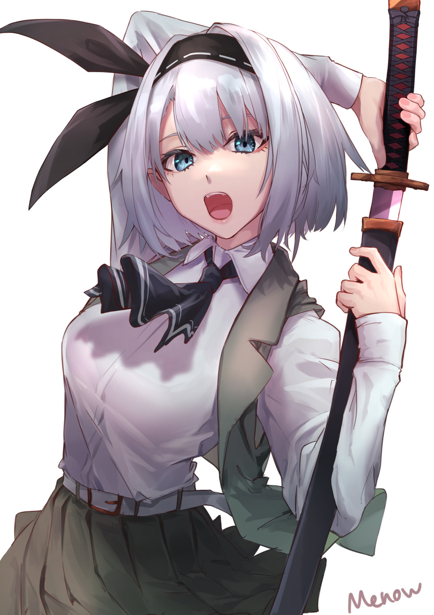 1girl absurdres artist_name ascot bangs black_hairband black_neckwear black_ribbon blue_eyes breasts cowboy_shot enoki_meno eyebrows_behind_hair green_skirt green_vest hair_ribbon hairband highres holding holding_sword holding_weapon katana konpaku_youmu long_sleeves looking_at_viewer medium_breasts medium_hair open_clothes open_mouth open_vest pleated_skirt ribbon sheath shirt silver_hair simple_background skirt solo sword touhou unsheathing vest weapon white_background white_shirt wing_collar