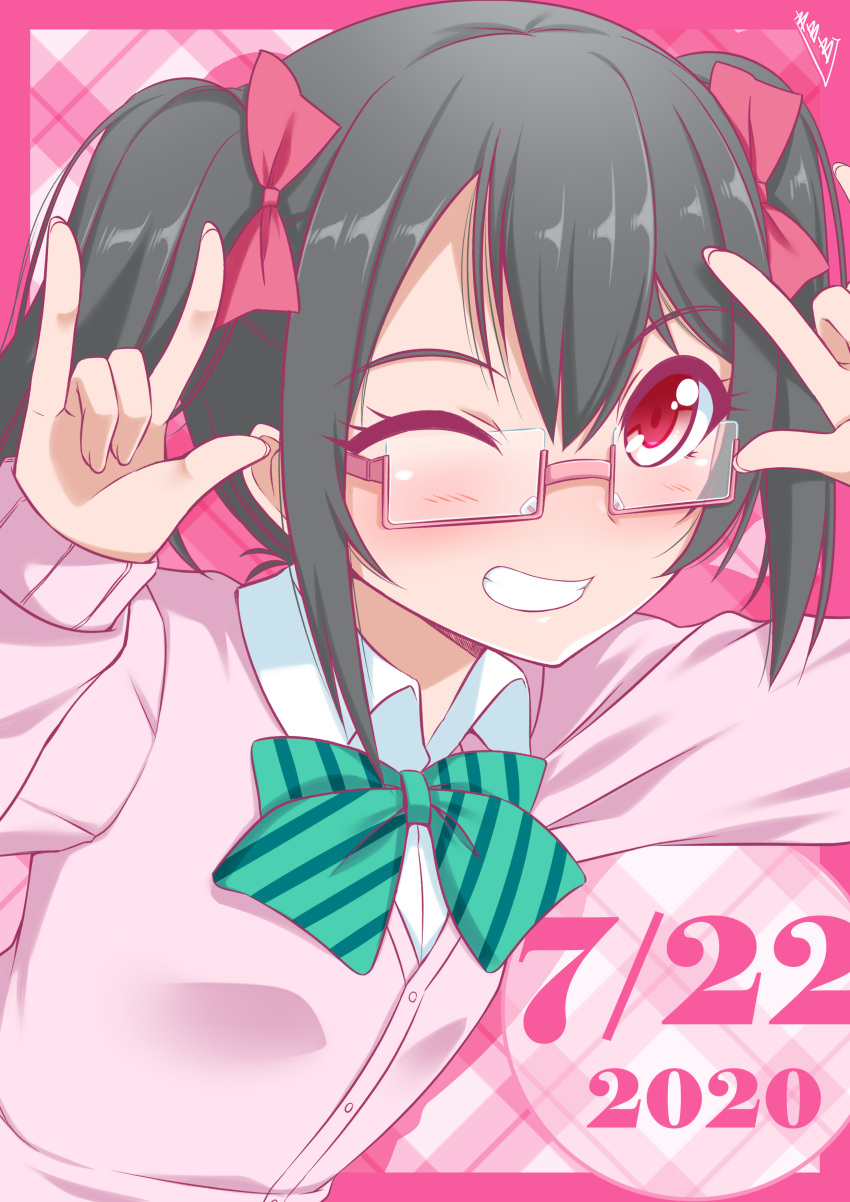 1girl absurdres bangs birthday black_hair bunji cardigan commentary dated eyebrows_visible_through_hair glasses hair_ribbon highres long_hair looking_at_viewer love_live! love_live!_school_idol_project nico_nico_nii one_eye_closed pink-framed_eyewear red_eyes ribbon semi-rimless_eyewear shiny shiny_hair signature solo twintails under-rim_eyewear upper_body yazawa_nico