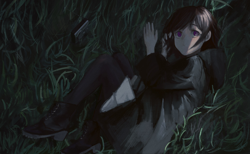 1girl black_coat black_footwear black_hair black_legwear boots closed_mouth coat commentary daruma_karei english_commentary expressionless from_above full_body grass highres hooded_coat huge_filesize long_sleeves looking_at_viewer lying on_side original outdoors pantyhose radio short_hair shorts solo violet_eyes white_shorts
