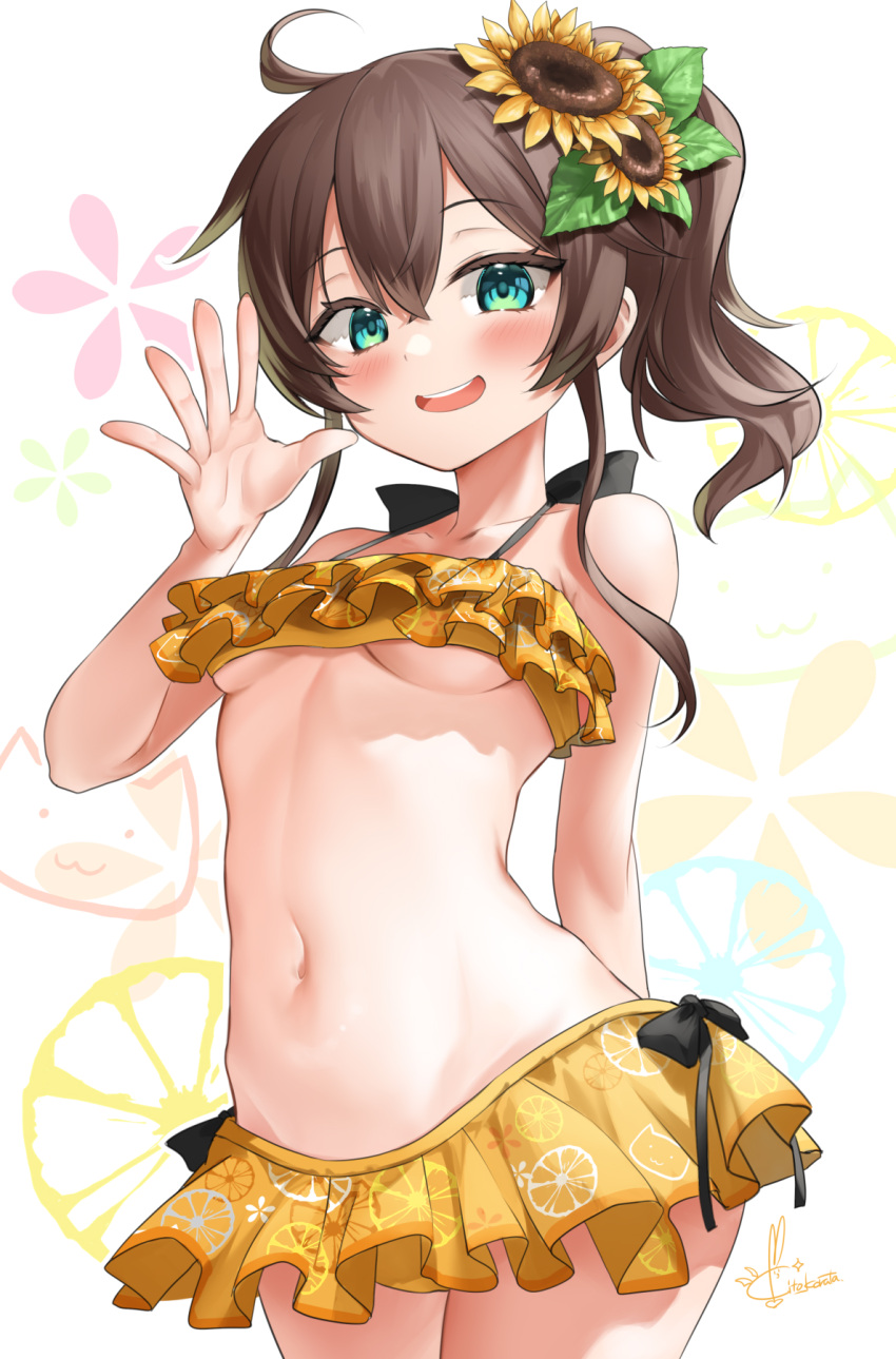 1girl arm_behind_back bikini blush breasts brown_hair cowboy_shot eyebrows_visible_through_hair flower frilled_bikini frills green_eyes hair_between_eyes hair_flower hair_ornament hand_up highres hololive kito_koruta looking_at_viewer medium_breasts natsuiro_matsuri open_mouth round_teeth short_hair side_ponytail signature smile solo standing sunflower_hair_ornament swimsuit teeth under_boob upper_teeth virtual_youtuber white_background yellow_bikini