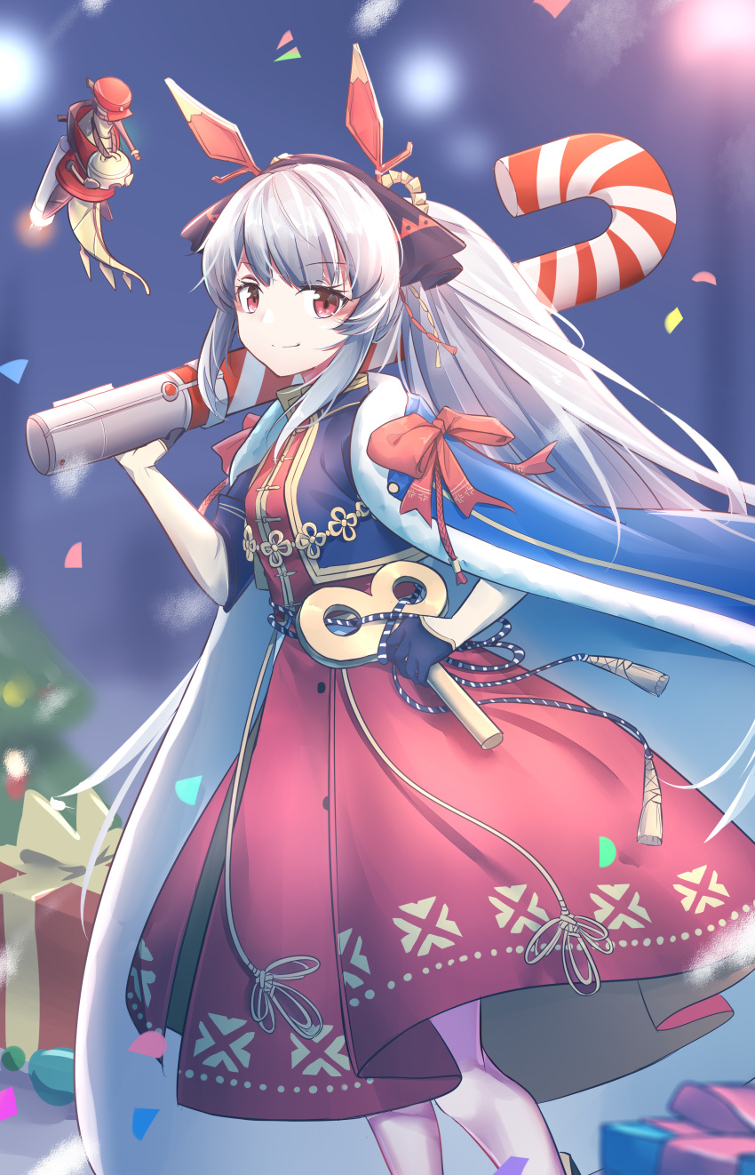 1girl absurdres arknights bangs blue_cape candy candy_cane cape chinese_commentary christmas_tree commentary_request cowboy_shot dress feet_out_of_frame food from_side gift gloves highres holding holding_candy_cane leaf_(arknights) long_hair looking_at_viewer looking_to_the_side official_alternate_costume over_shoulder red_dress red_eyes silver_hair smile solo standing weedy_(arknights) weedy_(candy_cape)_(arknights) xjx
