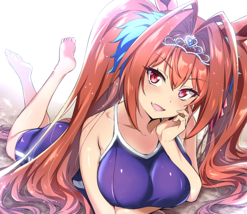 1girl animal_ears bangs barefoot blue_swimsuit breasts daiwa_scarlet_(umamusume) eyebrows_visible_through_hair horse_ears horse_girl horse_tail large_breasts long_hair looking_at_viewer lying nakahira_guy on_stomach one-piece_swimsuit open_mouth red_eyes redhead smile solo swimsuit tail tiara twintails umamusume