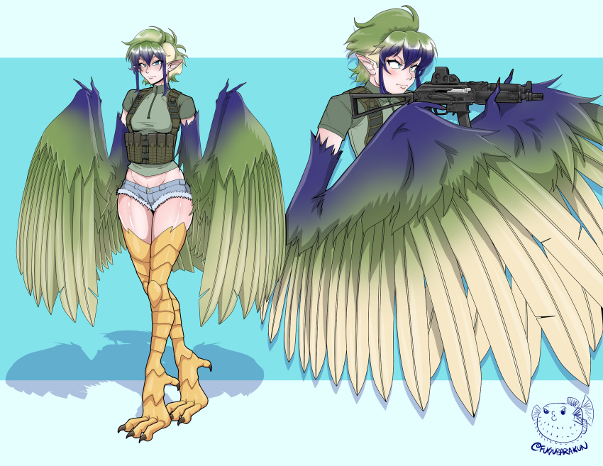 1girl aiming animal_feet bangs bird_legs blue_background blue_eyes blue_feathers blue_hair blue_wings commentary commission denim denim_shorts english_commentary feathered_wings feathers fugubarakun green_feathers green_hair green_shirt green_wings gun hair_between_eyes harpy highres holding holding_gun holding_weapon micro_shorts midriff monster_girl multicolored multicolored_hair multicolored_wings original pointy_ears pp-19-01 puffer_fish shadow shirt short_hair shorts sidelocks standing submachine_gun tactical_clothes talons trigger_discipline twitter_username two-tone_background weapon white_background winged_arms wings
