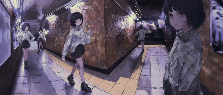 1girl \m/ bare_legs black_footwear black_hair black_shorts closed_mouth collared_shirt commentary daruma_karei english_commentary hand_up highres indoors long_sleeves looking_at_viewer multiple_views original red_eyes shirt short_hair shorts smile subway_station tile_floor tiles walking white_shirt