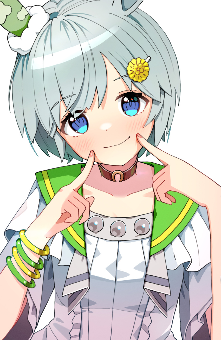 1girl absurdres bangs blue_eyes blush bracelet choker collarbone commentary dress eyebrows_visible_through_hair fingers_to_cheeks flower green_hair green_headwear green_neckwear hair_flower hair_ornament hairclip hat highres jacket jewelry looking_at_viewer neckerchief pink_nails seiun_sky_(umamusume) short_hair smile solo umamusume white_background white_dress white_jacket yuki_kamakura