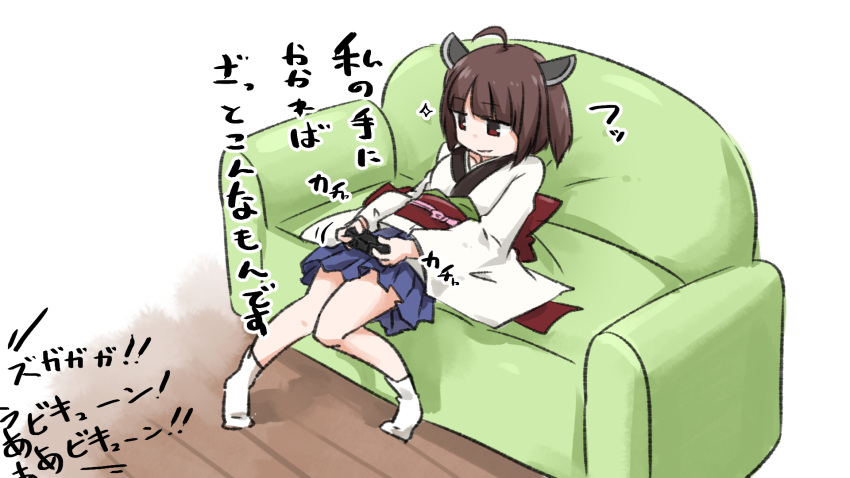 1girl ahoge blue_skirt brown_hair couch headgear highres japanese_clothes kimono looking_away neon-tetora obi on_couch parted_lips pleated_skirt red_eyes sash skirt socks solo sparkle touhoku_kiritan translation_request two_side_up voiceroid white_background white_kimono white_legwear wooden_floor