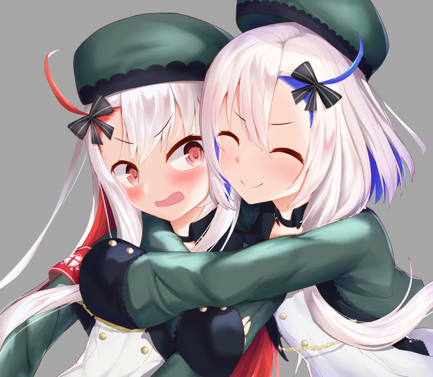 2girls ^v^ absurdres azur_lane beret blue_hair blush bow closed_eyes cropped_jacket dress green_headwear green_jacket grey_background hair_bow hat highres hug humo jacket libeccio_(azur_lane) long_hair maestrale_(azur_lane) medium_hair multicolored_hair multiple_girls pink_hair red_eyes redhead sardegna_empire_(emblem) simple_background streaked_hair two-tone_hair white_dress