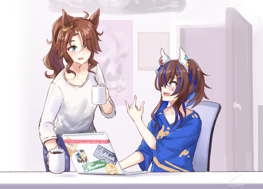 2girls :d ahoge animal_ears blue_hair blue_pants blue_shirt blush brown_eyes brown_hair commentary_request computer cup daitaku_helios_(umamusume) denim eye_contact green_eyes gurifu hand_up highres holding holding_cup horse_ears indoors jeans laptop long_hair long_sleeves looking_at_another mejiro_palmer_(umamusume) mug multicolored_hair multiple_girls open_mouth pants ponytail shirt short_sleeves sitting smile streaked_hair umamusume white_hair white_shirt wide_sleeves