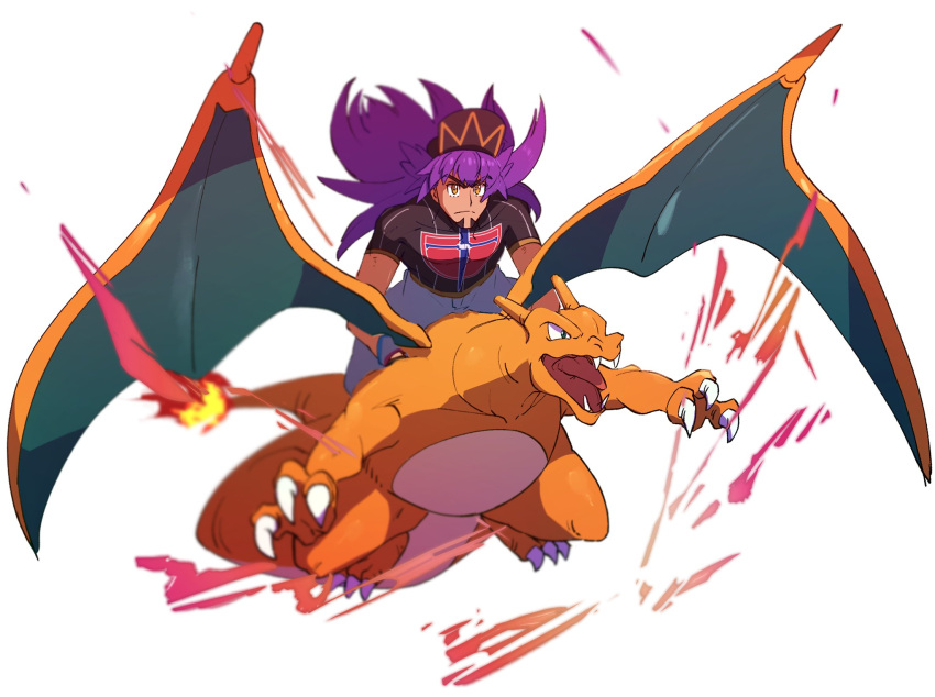 1boy baseball_cap champion_uniform charizard claws closed_mouth commentary_request dark-skinned_male dark_skin dynamax_band facial_hair fangs fire flame floating_hair frown gen_1_pokemon hat highres leon_(pokemon) long_hair male_focus morio_(poke_orio) open_mouth pokemon pokemon_(creature) pokemon_(game) pokemon_swsh purple_hair riding riding_pokemon shield_print shirt short_sleeves sword_print tongue white_background yellow_eyes