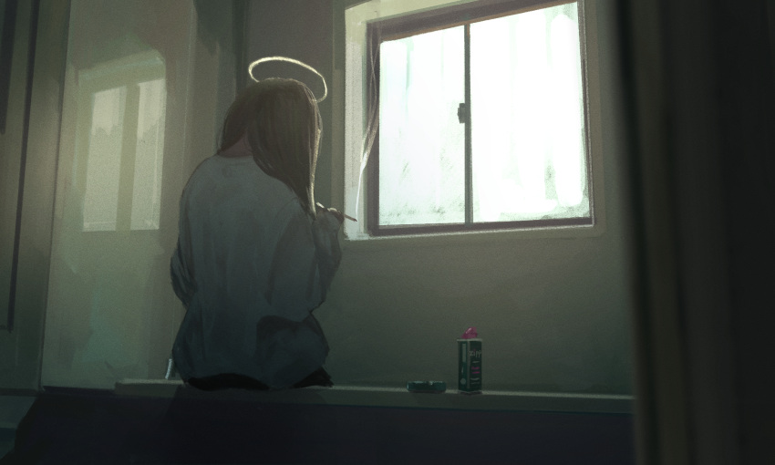 1girl bathroom brown_hair cigarette commentary daruma_karei day facing_away from_behind halo highres holding holding_cigarette indoors lighter long_hair long_sleeves original shirt sitting smoke smoking solo white_shirt window zippo_(object)