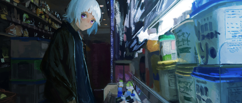 1girl :/ bangs black_jacket black_shirt blurry ceiling_light closed_mouth convenience_store dark_room daruma_karei depth_of_field from_side hands_in_pockets highres indoors jacket looking_at_viewer looking_to_the_side open_clothes open_jacket original shelf shirt shop short_hair solo translation_request upper_body violet_eyes white_hair yogurt