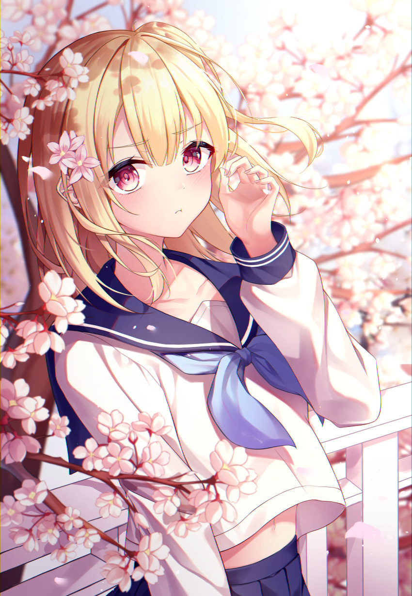 1girl :t absurdres bangs blonde_hair blue_neckwear blue_sailor_collar blue_skirt blurry blurry_background blush cherry_blossoms closed_mouth commentary_request depth_of_field eyebrows_visible_through_hair eyes_visible_through_hair fingernails flower hair_between_eyes hair_flower hair_ornament hand_up highres long_hair long_sleeves looking_at_viewer midriff navel neckerchief original overexposure pink_flower pleated_skirt red_eyes sailor_collar school_uniform serafuku shirt skirt solo standing triangle_mouth ttopang upper_body white_shirt
