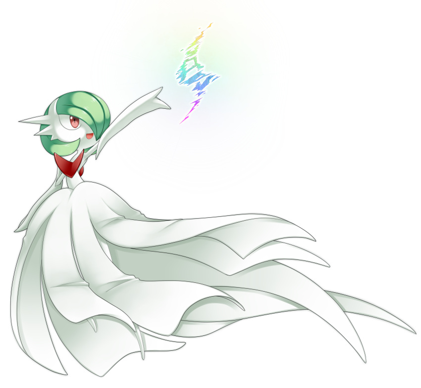 1girl absurdres arm_up bangs bare_shoulders bob_cut colored_skin commentary_request dress elbow_gloves flat_chest full_body gardevoir gen_3_pokemon gloves green_hair hair_over_one_eye happy highres looking_up lotosu mega_evolution mega_gardevoir mega_pokemon open_mouth outstretched_arm pokemon pokemon_(creature) red_eyes shiny shiny_hair short_hair simple_background smile solo standing strapless strapless_dress white_background white_dress white_gloves white_skin