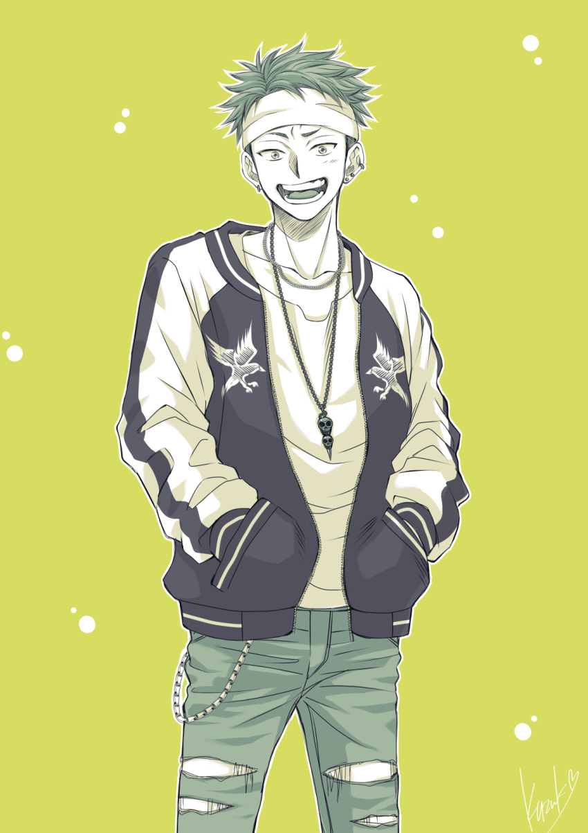 1boy :d bakuten!! collarbone ear_piercing green_background hands_in_pockets headband highres jacket jewelry kazuki_sara looking_at_viewer male_focus necklace open_mouth pants piercing short_hair signature simple_background smile standing torn_clothes torn_pants watari_koutarou