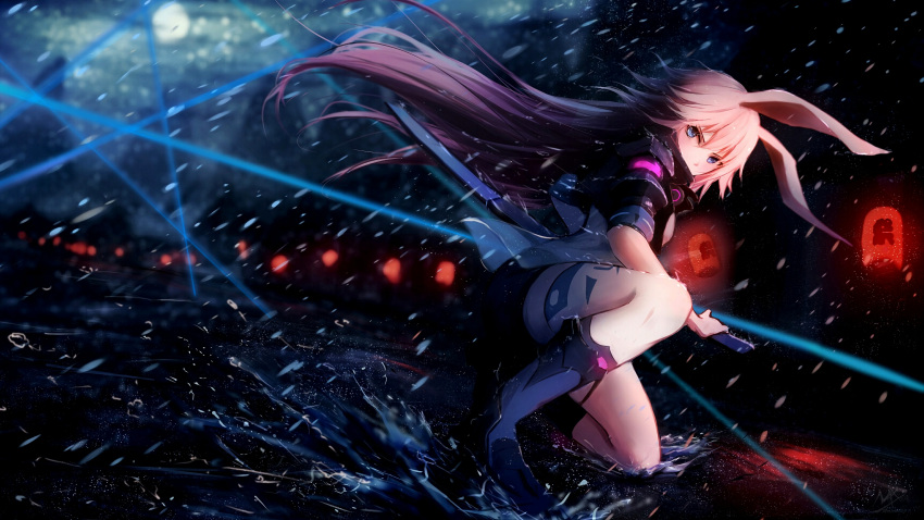 1girl absurdres animal_ears artist_request bangs blue_footwear boots fox_ears full_body full_moon hair_between_eyes highres holding holding_sword holding_weapon honkai_(series) honkai_impact_3rd katana kneeling lantern long_hair looking_at_viewer moon night night_sky outdoors pink_hair rain sheath sheathed short_sleeves sky solo sword thigh-highs v-shaped_eyebrows violet_eyes water_drop weapon white_legwear yae_sakura yae_sakura_(goushinnso_memento)