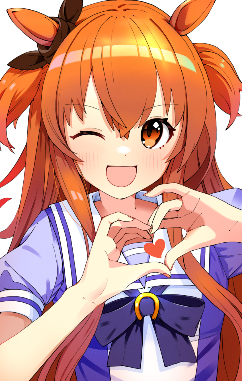 1girl :d absurdres animal_ears bangs blue_ribbon blush character_name commentary eyebrows_visible_through_hair hair_between_eyes heart heart_hands highres long_hair looking_at_viewer mayano_top_gun_(umamusume) neck_ribbon neckerchief one_eye_closed open_mouth orange_eyes orange_hair orange_nails ribbon shirt short_sleeves sidelocks smile solo twintails two_side_up umamusume white_background white_neckwear white_shirt yuki_kamakura