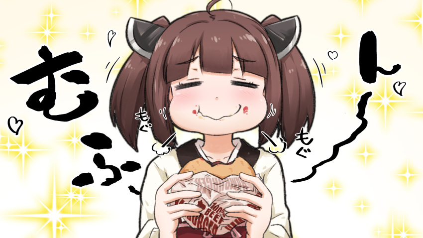 1girl :t =_= ahoge bangs brown_hair burger closed_eyes closed_mouth eating eyebrows_visible_through_hair facing_viewer food food_on_face headgear heart highres holding holding_food japanese_clothes kimono long_sleeves neon-tetora obi sash solo sparkle_background touhoku_kiritan translation_request two_side_up voiceroid wavy_mouth white_kimono