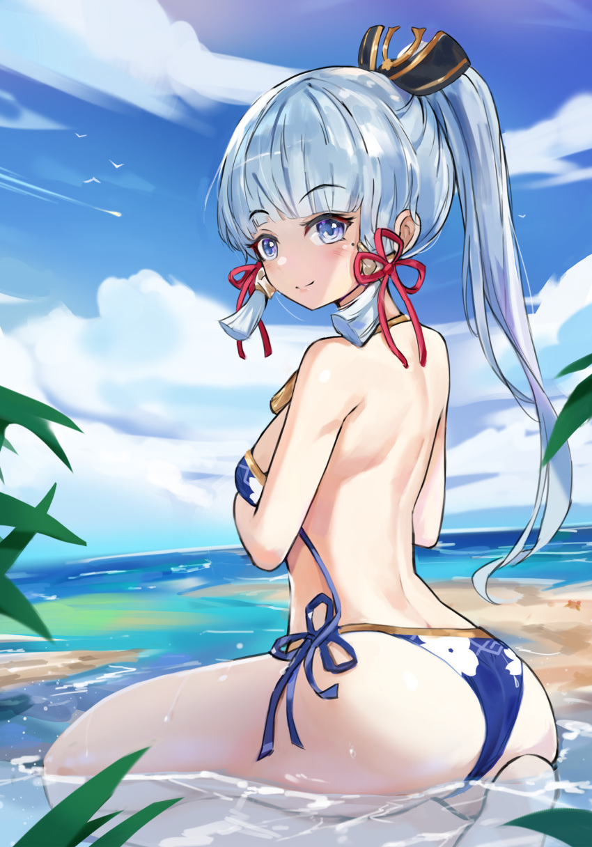 1girl absurdres ass back bangs beach bikini bird blue_bikini blue_eyes blue_sky blunt_bangs breast_hold breasts bush closed_mouth clouds eyebrows_visible_through_hair floral_print from_behind genshin_impact hair_ornament highres horizon jewelry kamisato_ayaka light_blue_hair long_hair looking_at_viewer looking_back mole mole_under_eye neck_ring ocean orobou partially_submerged ponytail sand seiza side-tie_bikini sidelocks sitting sky small_breasts smile solo swimsuit tassel untied untied_bikini water wet