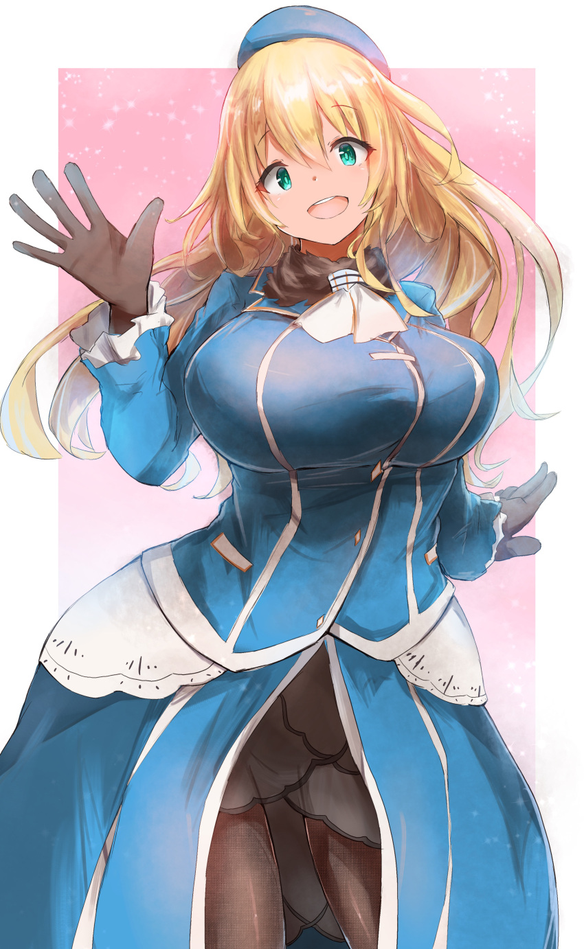 1girl absurdres ascot atago_(kancolle) beret black_gloves blonde_hair blue_headwear blue_jacket blush border breasts eyebrows_visible_through_hair fur_collar gloves green_eyes hair_ornament hat highres jacket kantai_collection large_breasts long_hair long_sleeves looking_at_viewer military military_uniform open_mouth pantyhose pink_background saamon_(salmonkomaku) showgirl_skirt skirt smile solo uniform white_border