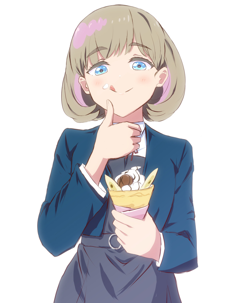 1girl :p bangs blue_cardigan blue_eyes bob_cut cardigan closed_mouth commentary_request cream crepe eating eyebrows_visible_through_hair food food_on_face gradient_hair highres holding holding_food light_blush light_brown_hair long_sleeves love_live! love_live!_superstar!! multicolored_hair pink_hair school_uniform short_hair solo tang_keke teyukosu tongue tongue_out upper_body white_background yuigaoka_school_uniform