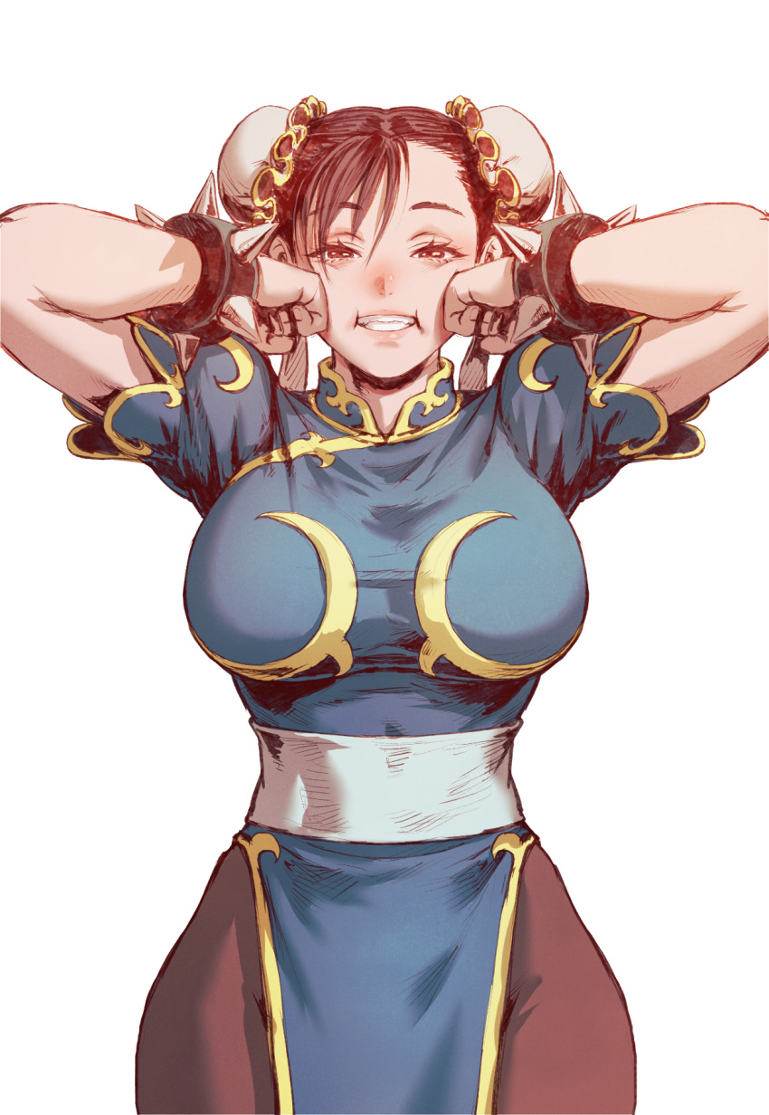 1girl arms_up bangs blue_dress bracelet breasts brown_eyes brown_hair bun_cover chun-li cowboy_shot double_bun dress fujii_eishun gold_trim grin hair_between_eyes hands_on_own_cheeks hands_on_own_face highres jewelry large_breasts looking_at_viewer puffy_short_sleeves puffy_sleeves sash short_sleeves simple_background smile solo spiked_bracelet spikes street_fighter white_background white_sash