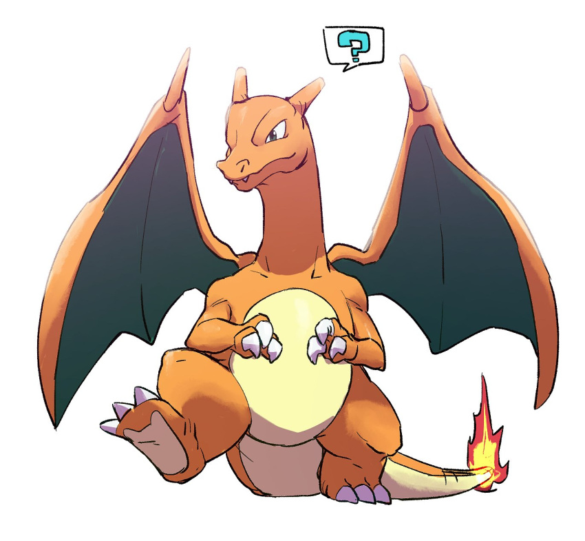 ? charizard claws closed_mouth commentary_request fangs fangs_out fire flame full_body gen_1_pokemon green_eyes highres leg_up morio_(poke_orio) no_humans pokemon pokemon_(creature) simple_background solo spoken_question_mark standing standing_on_one_leg white_background