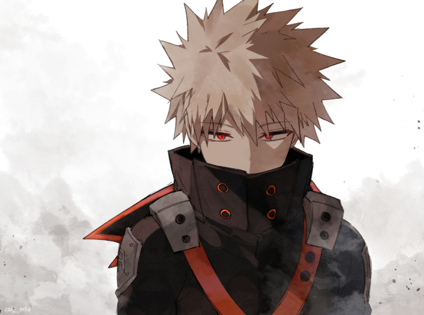 1boy bakugou_katsuki bangs black_bodysuit blonde_hair bodysuit boku_no_hero_academia coi_mha commentary covered_mouth gradient gradient_background grey_background looking_at_viewer male_focus official_alternate_costume red_bodysuit red_eyes short_hair simple_background solo spiky_hair upper_body