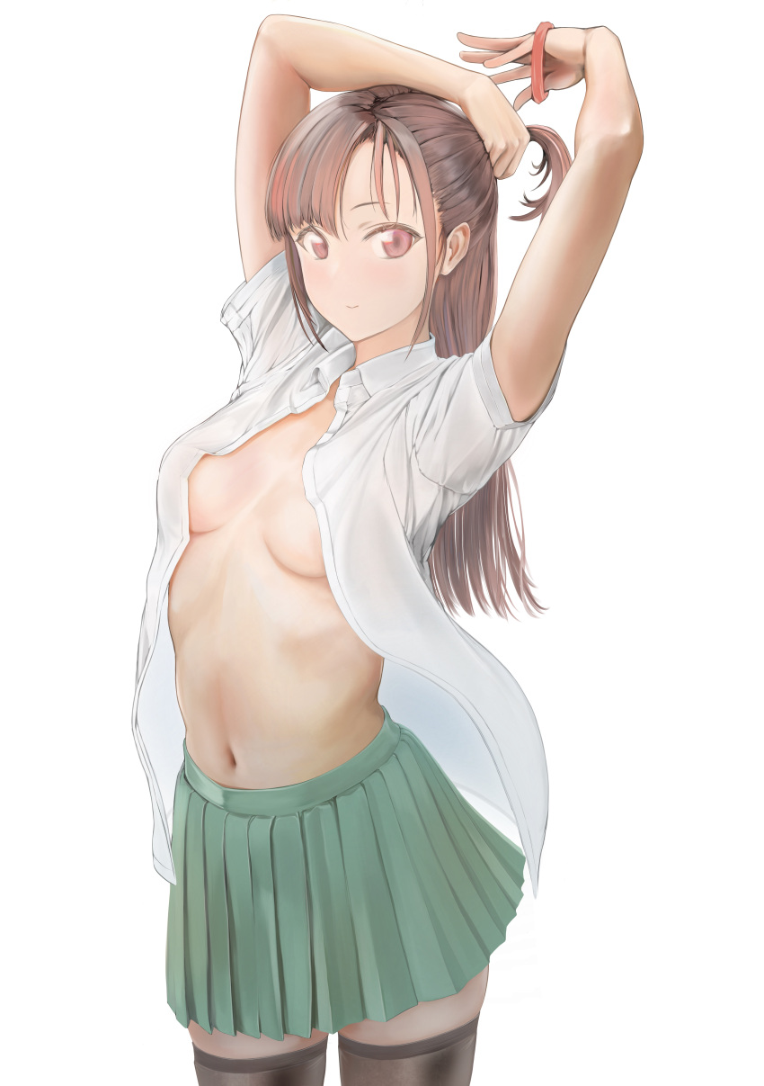 1girl absurdres adjusting_hair arms_behind_head arms_up bangs black_legwear breasts brown_hair closed_mouth collared_shirt commentary_request cowboy_shot green_skirt hair_ornament hair_scrunchie highres long_hair looking_at_viewer navel no_bra open_clothes open_shirt original ototoi_koi parted_bangs pleated_skirt red_scrunchie scrunchie shirt short_sleeves simple_background skirt small_breasts smile solo standing stomach thigh-highs unbuttoned unbuttoned_shirt violet_eyes white_background white_shirt