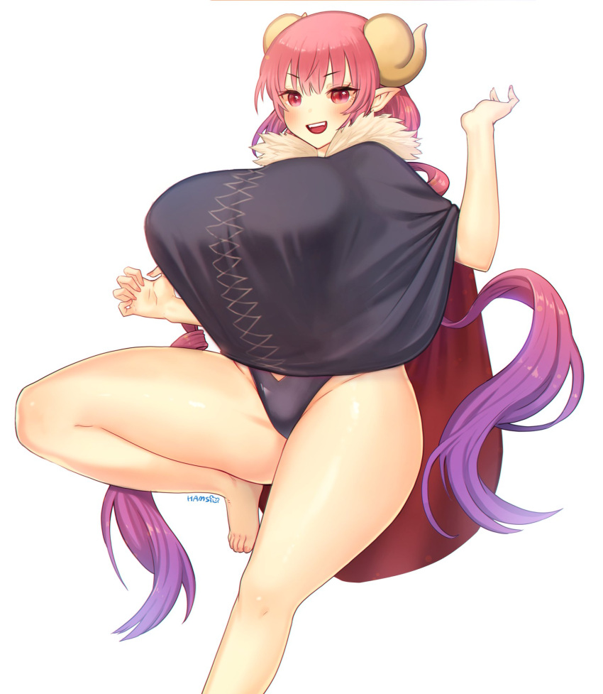 1girl :d arm_up artist_name bangs barefoot black_cape black_swimsuit breasts cape claw_pose commentary dragon_girl dragon_horns drill_hair eyebrows_visible_through_hair foot_out_of_frame fur_trim highres horns huge_breasts ilulu_(maidragon) kobayashi-san_chi_no_maidragon leg_up long_hair looking_at_viewer open_mouth pink_eyes pink_hair pointy_ears raoul_(raoul77) simple_background smile solo swimsuit swimsuit_under_clothes twin_drills very_long_hair white_background
