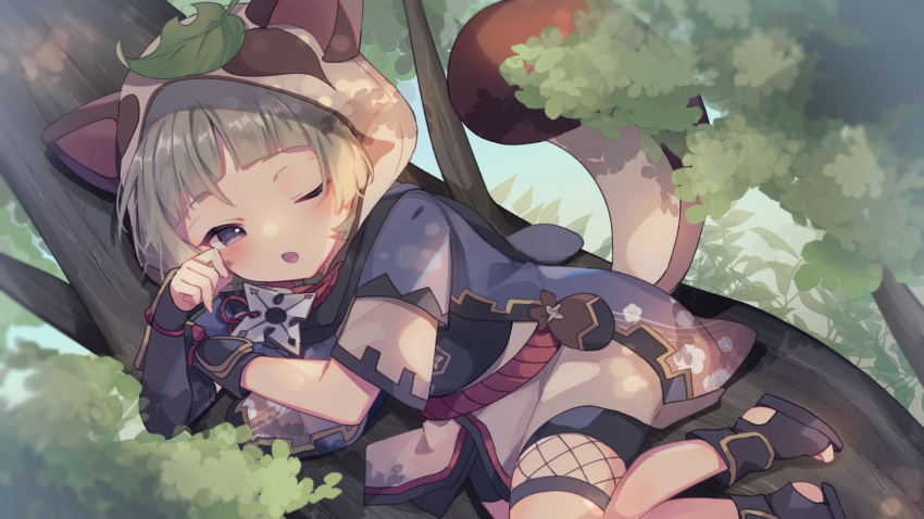 1girl animal_hood bangs black_footwear black_gloves blunt_bangs blush day fingerless_gloves fishnets genshin_impact gloves grey_hair highres hood hood_up leaf leaf_on_head lying one_eye_closed outdoors sayu_(genshin_impact) shirase_(shirose) short_hair short_sleeves sleepy solo tail tears tree violet_eyes yawning