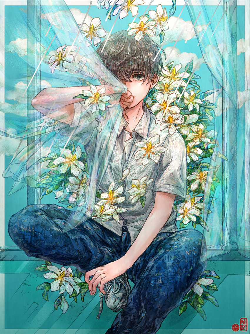 1boy blue_pants brown_hair collared_shirt curtains flower foot_out_of_frame highres leaf one_eye_covered original pants plant plant_uezi shirt short_hair short_sleeves sitting solo white_flower white_shirt window