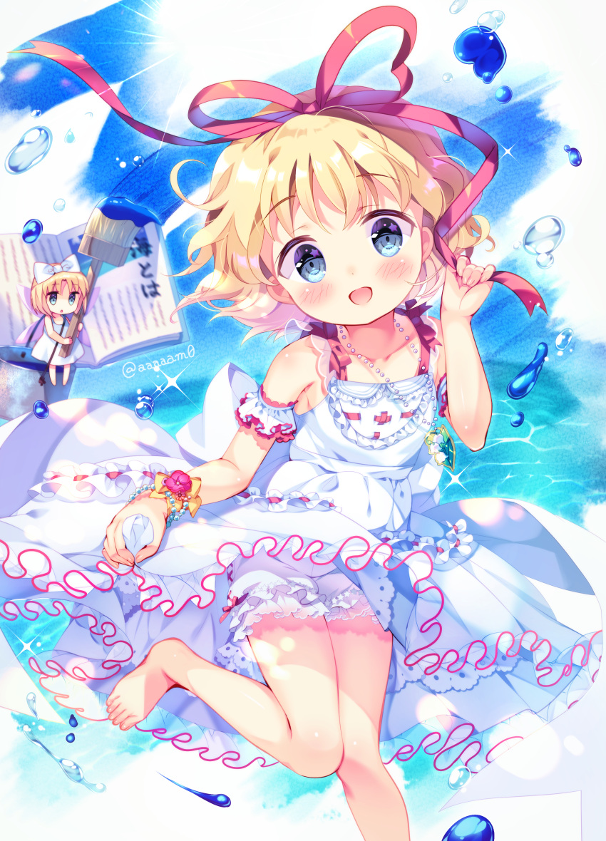 1girl absurdres amo_(shibu3) artist_name bangs bare_shoulders barefoot blonde_hair blue_eyes blue_sky blush bow brush clouds cloudy_sky dress eyebrows_visible_through_hair flower frills hand_up hands_up highres leg_up looking_at_viewer medicine_melancholy ocean open_mouth paint pink_flower red_bow running short_hair sky sleeveless smile solo su-san touhou water white_bow white_dress