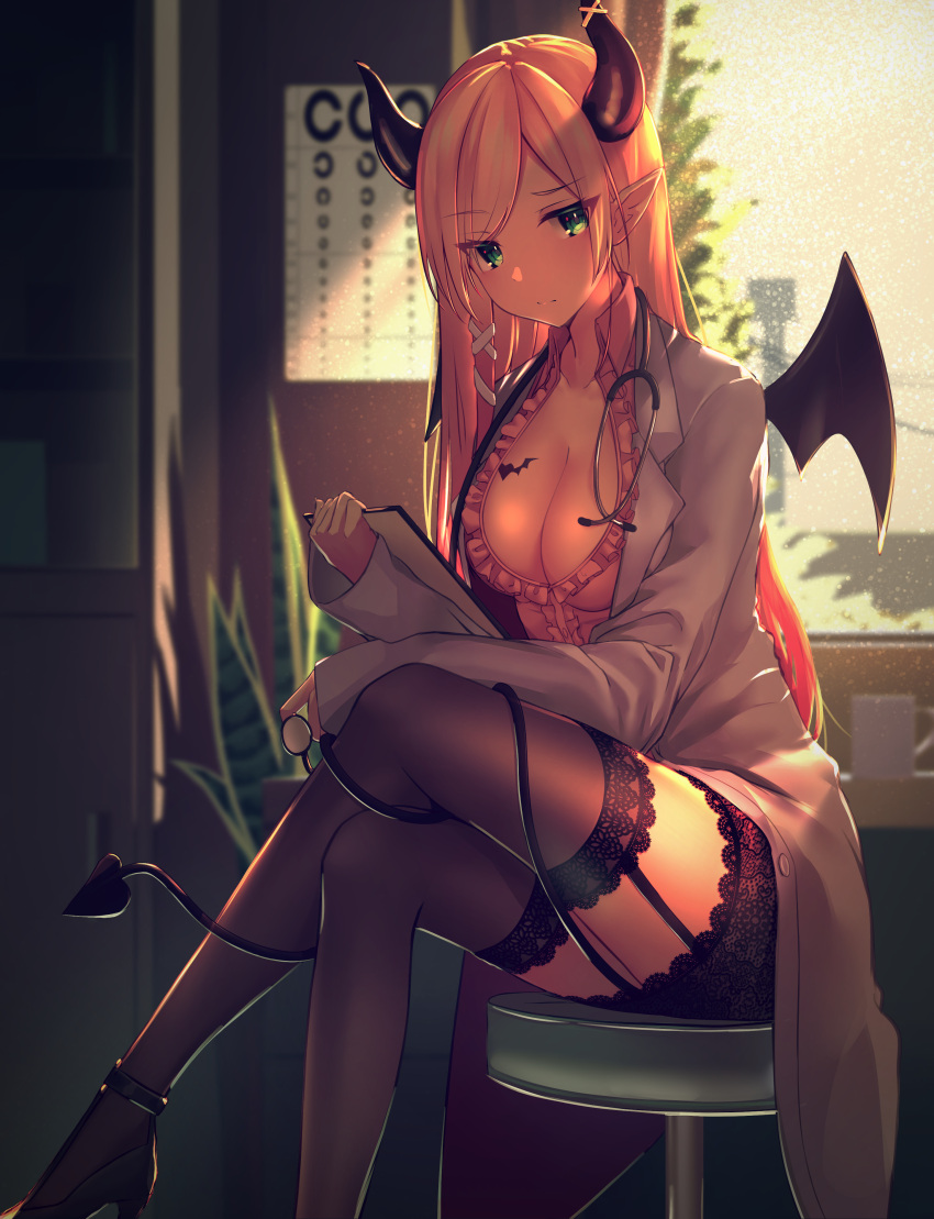 1girl absurdres backlighting black_horns black_legwear black_skirt blonde_hair commentary crossed_legs demon_girl demon_horns demon_tail demon_wings frilled_shirt frills green_eyes highres hololive horns inaba_teitoku infirmary labcoat lace-trimmed_legwear lace-trimmed_skirt lace_trim long_hair looking_at_viewer pink_shirt shirt sitting skirt solo stool straight_hair tail tail_around_leg tail_wrap thigh-highs violet_eyes virtual_youtuber wings yuzuki_choco