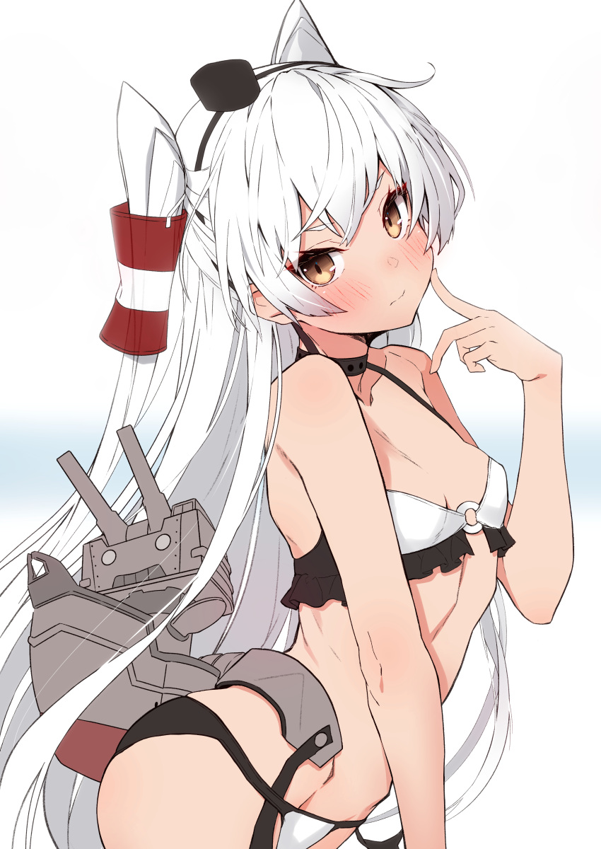 1girl absurdres amatsukaze_(kancolle) bikini blush breasts brown_eyes closed_mouth hair_tubes highres kantai_collection long_hair looking_at_viewer o_o rensouhou-kun simple_background small_breasts solo swimsuit takanashi_kei_(hitsujikan) two_side_up very_long_hair white_background white_hair