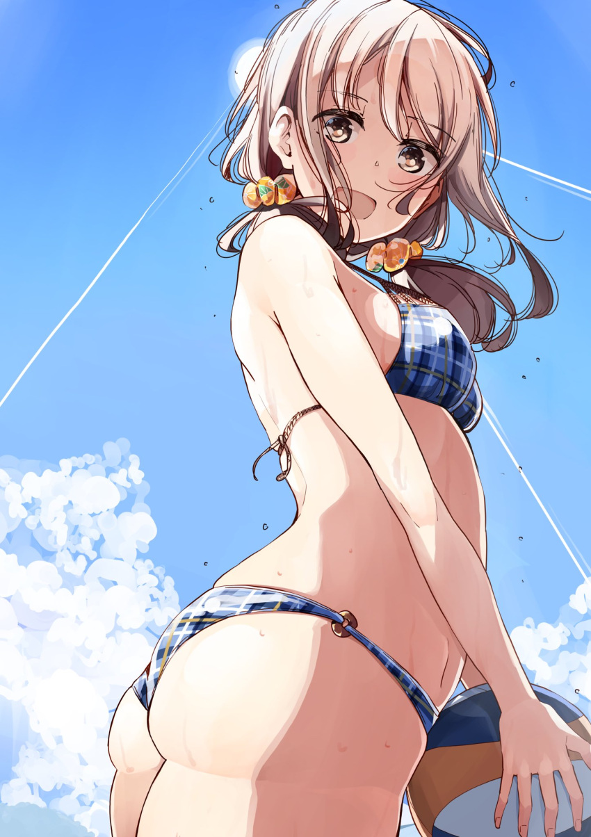 1girl :d ass back ball bangs bikini blue_bikini blue_sky breasts brown_eyes brown_hair commentary_request day eyebrows_visible_through_hair hair_ornament hair_scrunchie harukana_receive highres holding holding_ball looking_at_viewer medium_breasts nyoijizai o-ring o-ring_bikini oozora_haruka_(harukana_receive) open_mouth outdoors plaid plaid_bikini scrunchie sky smile solo standing sun swimsuit thighs volleyball