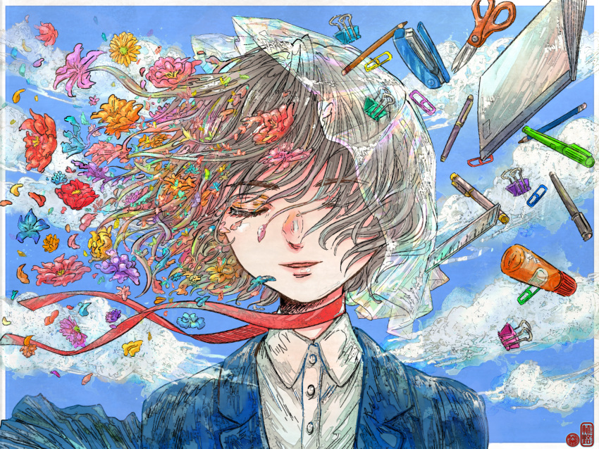 1girl blue_flower blue_jacket blue_sky closed_eyes clouds cloudy_sky collared_shirt floating floating_object flower grey_hair jacket original parted_lips pen pencil pink_flower plant_uezi purple_flower red_flower red_ribbon ribbon ruler scissors shirt short_hair sky smile solo stapler upper_body white_shirt yellow_flower