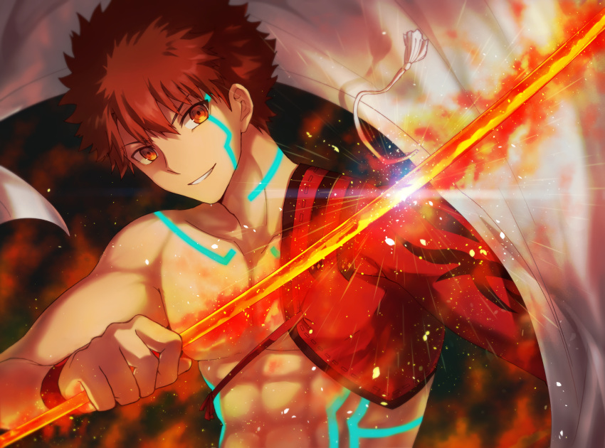 1boy abs embers emiya_shirou fate/grand_order fate_(series) glowing glowing_weapon grin highres holding holding_sword holding_weapon igote limited/zero_over looking_at_viewer male_focus orange_eyes redhead sengo_muramasa_(fate) single_bare_shoulder smile sol_(tvtjk7ubec) solo sword tassel tattoo toned toned_male upper_body weapon wristband