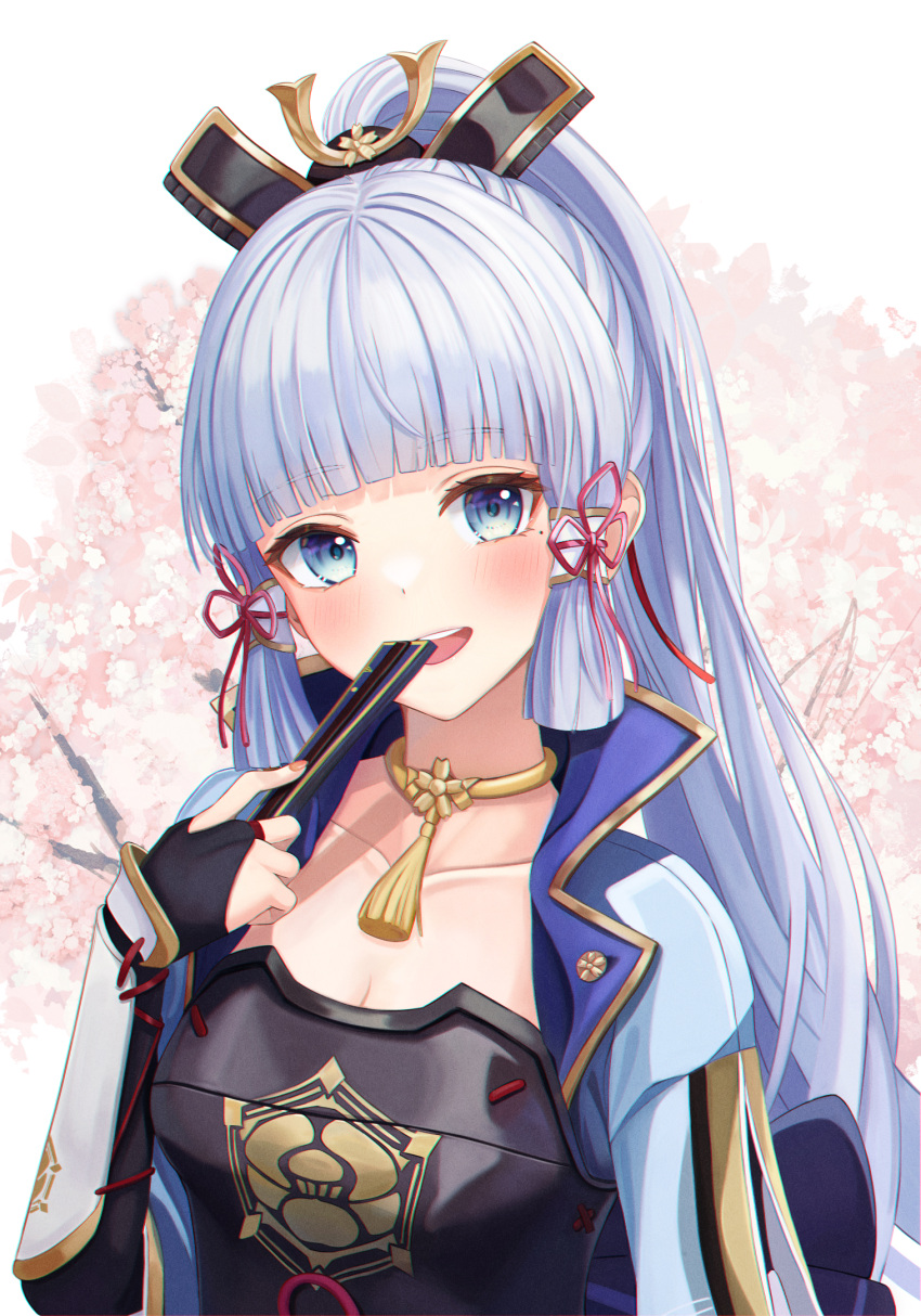 1girl :d armor bangs blue_eyes blunt_bangs blush breastplate breasts bridal_gauntlets cherry_blossoms collarbone eyebrows_visible_through_hair fan fan_to_mouth funii genshin_impact hair_ornament hair_ribbon highres holding holding_fan japanese_clothes kamisato_ayaka long_hair looking_at_viewer medium_breasts mole mole_under_eye open_mouth ponytail ribbon sidelocks smile solo upper_body white_hair