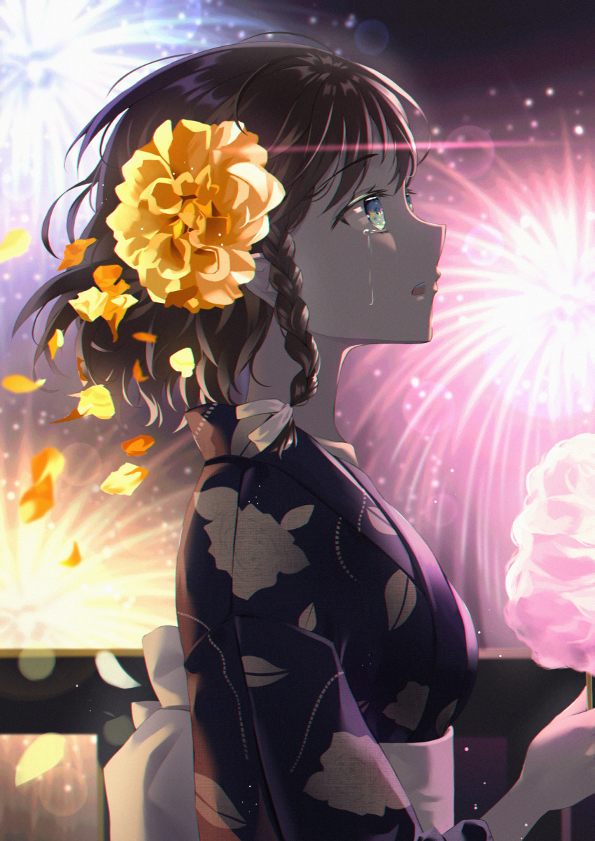 1girl aerial_fireworks black_hair black_kimono braid breasts commentary_request cotton_candy crying crying_with_eyes_open fireworks flower food from_side green_eyes hair_flower hair_ornament highres holding holding_food hyonee japanese_clothes kimono night night_sky obi orange_flower original outdoors parted_lips petals print_kimono profile railing sash side_braid single_braid sky small_breasts solo summer_festival tears upper_body upper_teeth