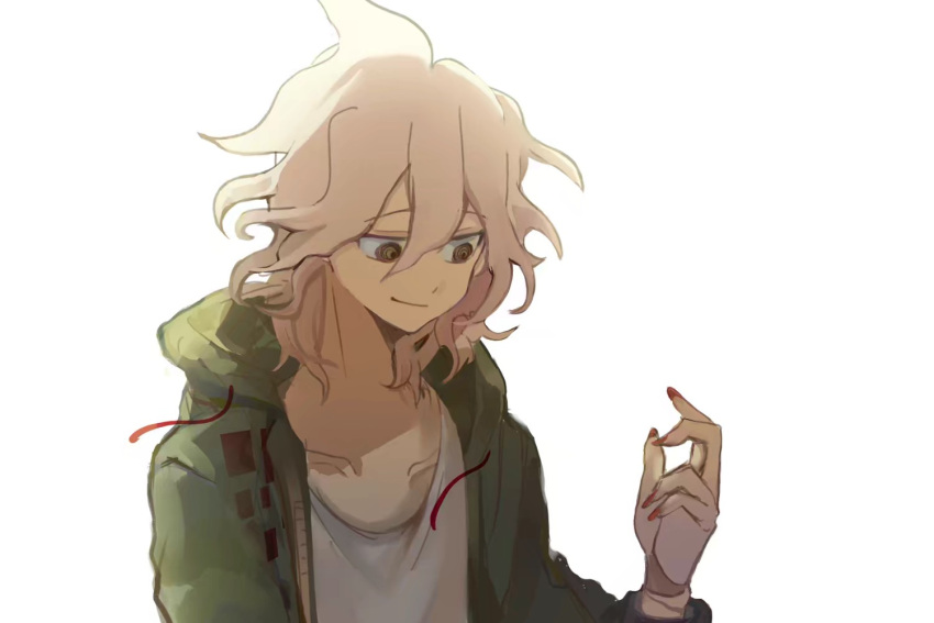 1boy bangs closed_mouth collarbone commentary_request dangan_ronpa_(series) dangan_ronpa_2:_goodbye_despair green_jacket grey_hair hair_between_eyes hand_up hood hood_down jacket komaeda_nagito laver_(1090792977) long_sleeves looking_at_hand male_focus medium_hair messy_hair nail_polish open_clothes open_jacket red_nails shirt simple_background smile solo upper_body white_background white_shirt