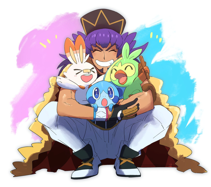 1boy bangs baseball_cap cape champion_uniform closed_eyes commentary_request creature dark-skinned_male dark_skin dynamax_band facial_hair fur-trimmed_cape fur_trim gen_8_pokemon gloves grin grookey hat highres holding holding_pokemon leggings leon_(pokemon) long_hair male_focus morio_(poke_orio) notice_lines partially_fingerless_gloves pokemon pokemon_(creature) pokemon_(game) pokemon_swsh purple_hair red_cape scorbunny shirt shoes short_shorts short_sleeves shorts smile sobble spread_legs squatting starter_pokemon_trio white_legwear white_shorts