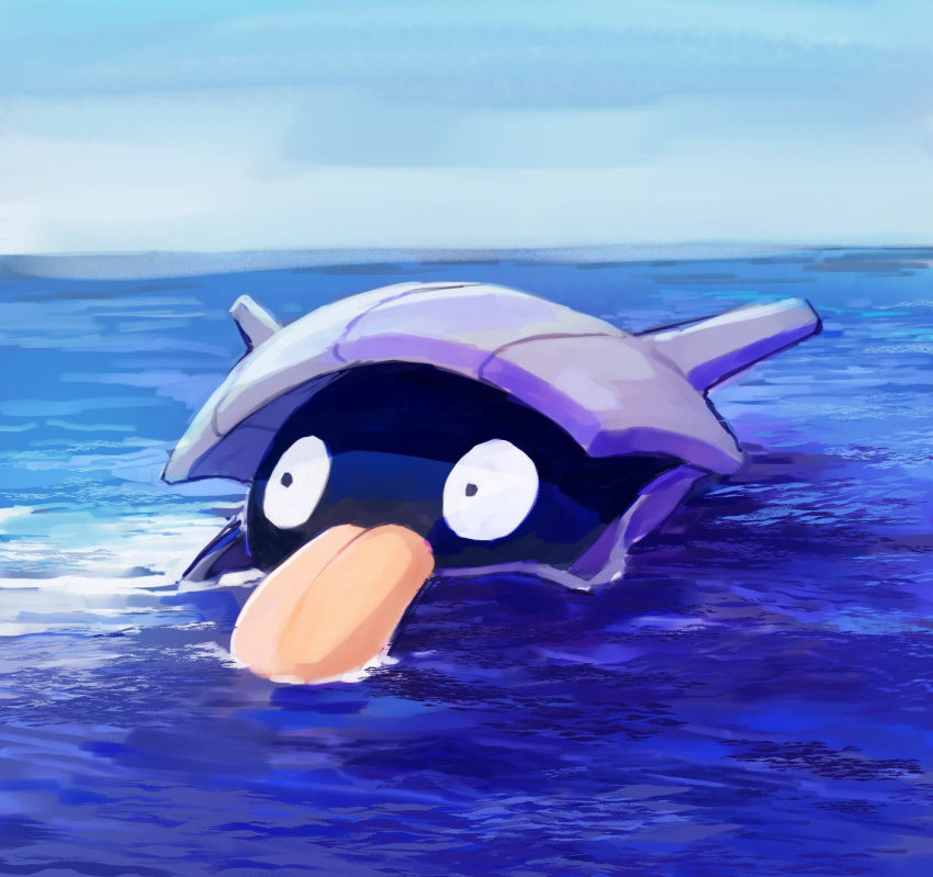 day gen_1_pokemon highres karamomo no_humans ocean outdoors partially_submerged pokemon pokemon_(creature) shellder sky solo tongue water