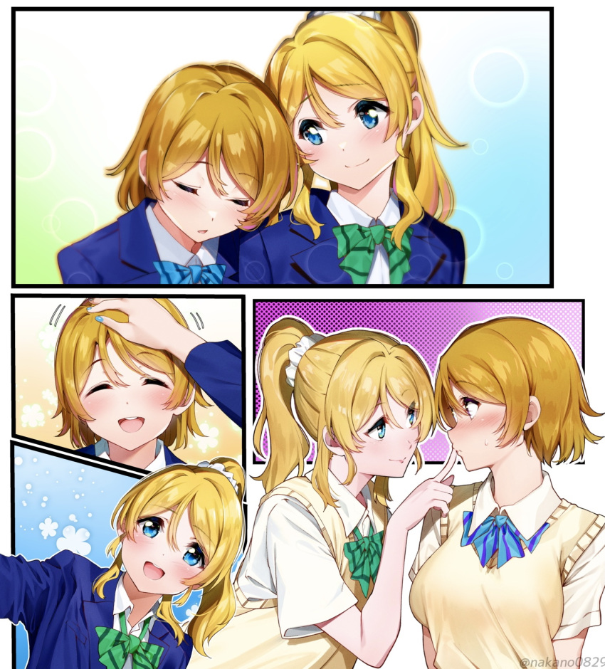 2girls :d ^_^ ayase_eli blonde_hair blue_eyes blue_neckwear blush bow bowtie brown_hair closed_eyes closed_mouth eye_contact finger_to_another's_mouth green_neckwear hand_on_another's_head head_on_another's_shoulder highres koizumi_hanayo looking_at_another love_live! love_live!_school_idol_project multiple_girls nakano_maru open_mouth otonokizaka_school_uniform petting ponytail school_uniform short_hair short_sleeves sleeping smile striped striped_neckwear twitter_username yuri