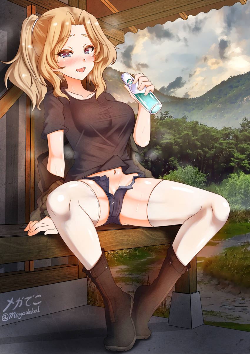 1girl aquaegg arm_support artist_name blonde_hair blue_eyes blush boots breasts brown_footwear clouds concrete corrugated_galvanised_iron_sheet denim denim_shorts forest girls_und_panzer green_eyes grey_sky highres hot kay_(girls_und_panzer) looking_at_viewer medium_breasts midriff mountain nature navel ponytail shorts solo steam sweat thigh-highs thighs tight tongue tongue_out twitter_username unbuttoned_shorts unzipped white_legwear