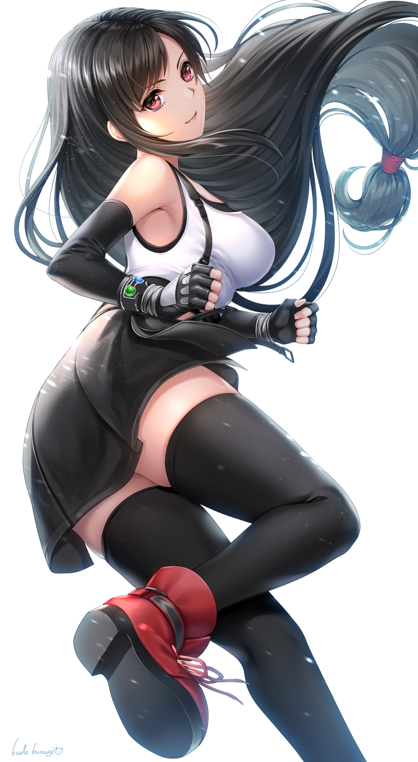 1girl absurdres artist_name bangs bare_shoulders black_gloves black_hair black_legwear black_skirt boots breasts clenched_hand commentary elbow_gloves eyebrows_visible_through_hair final_fantasy final_fantasy_vii final_fantasy_vii_remake fingerless_gloves gloves highres kudo_kunugi leg_up lips long_hair low-tied_long_hair medium_breasts miniskirt red_eyes shiny shiny_hair signature simple_background skirt sleeveless smile solo suspender_skirt suspenders thigh-highs tifa_lockhart white_background zettai_ryouiki